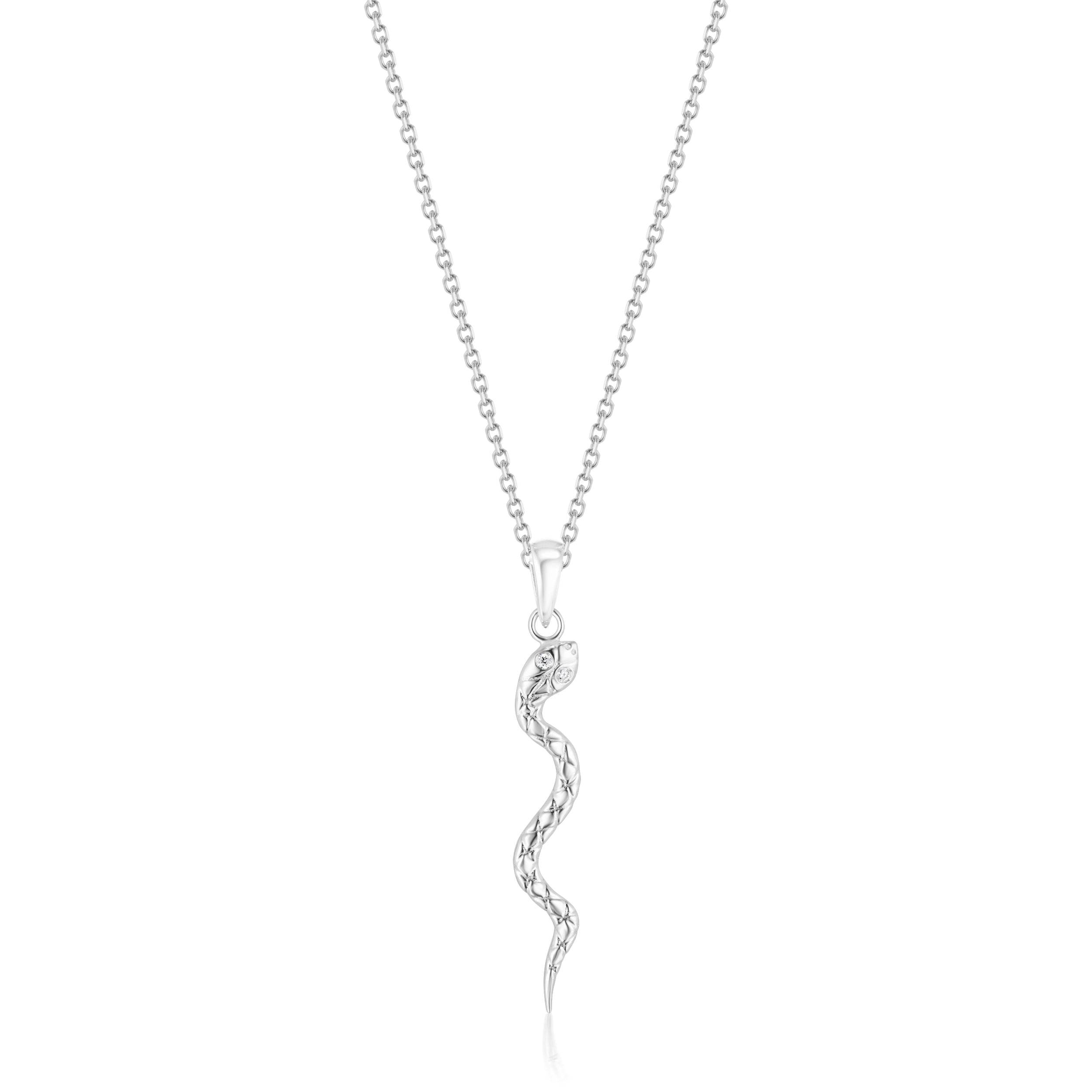 White gold textured serpent necklace with diamond pave eyes on a white plain backdrop