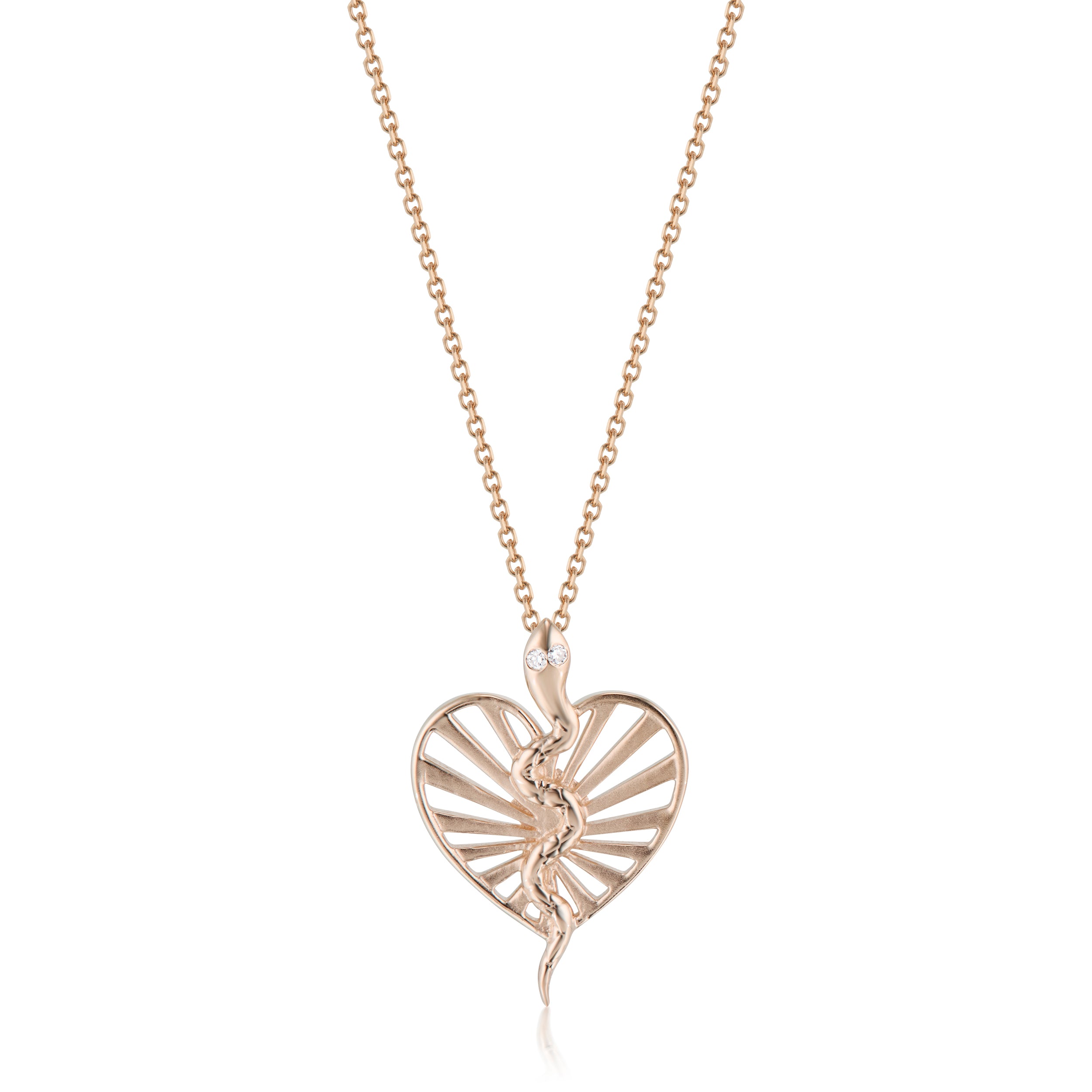 Alt="Vale Jewelry Rose Gold textured serpent open ray heart necklace close up on plain background"
