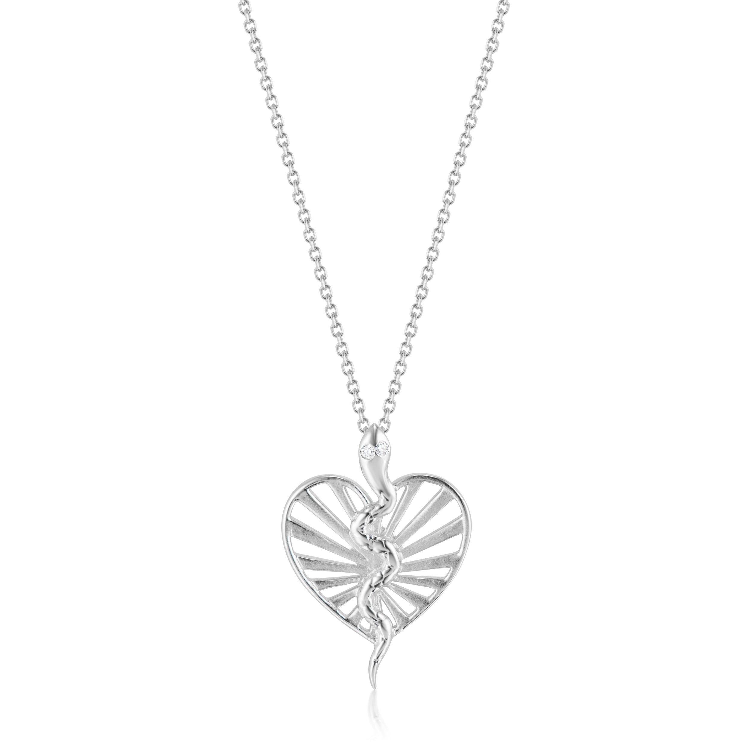 Alt="Vale Jewelry White gold textured serpent open ray heart necklace close up on a plain white background"