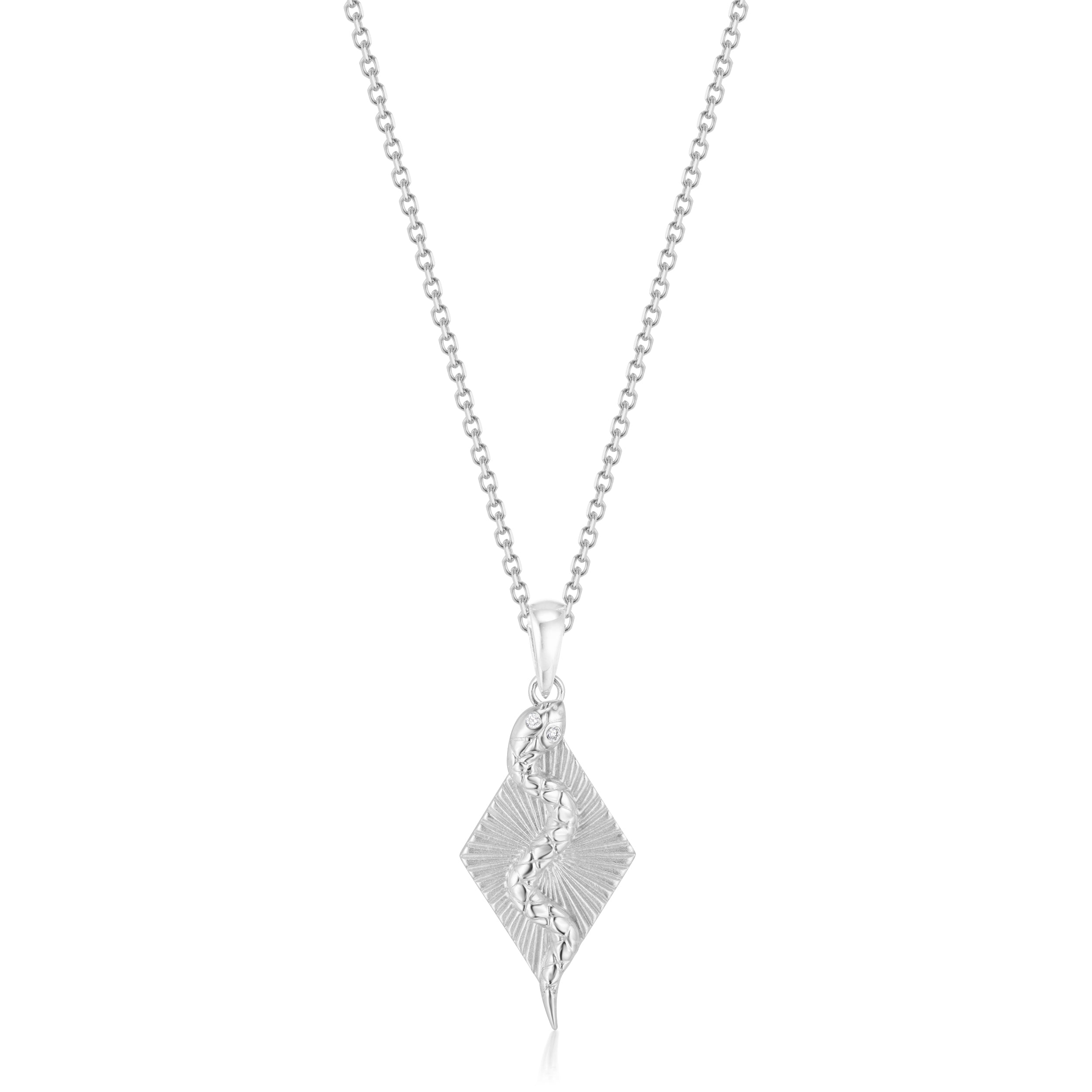 Alt="Vale Jewelry White gold textured serpent ray necklace close up on white plain background"