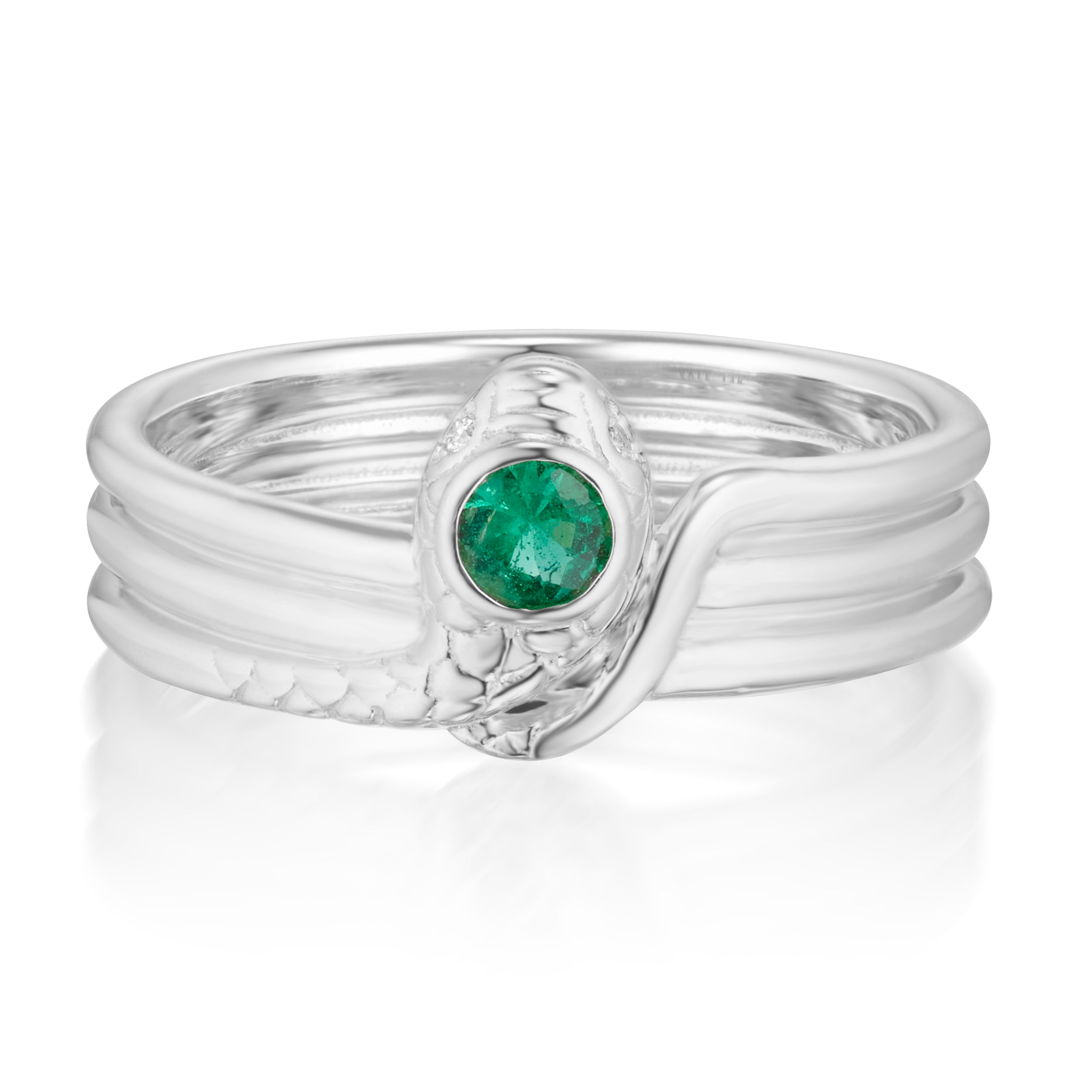 Alt="Vale Jewelry white gold wrap snake ring with emerald on white background front facing"