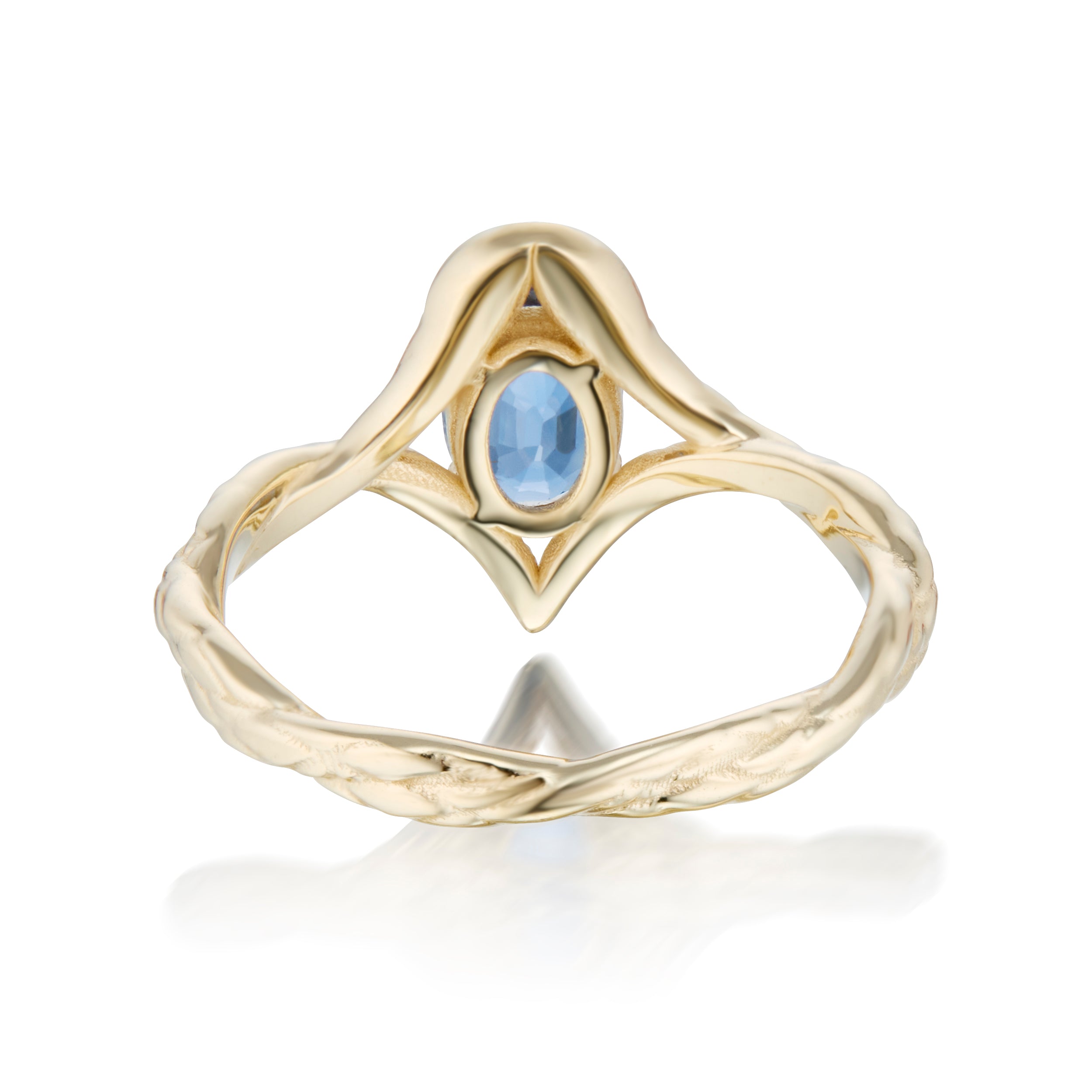 Alt="Vale Jewelry back view of symmetrical serpent ring with open set sapphire"