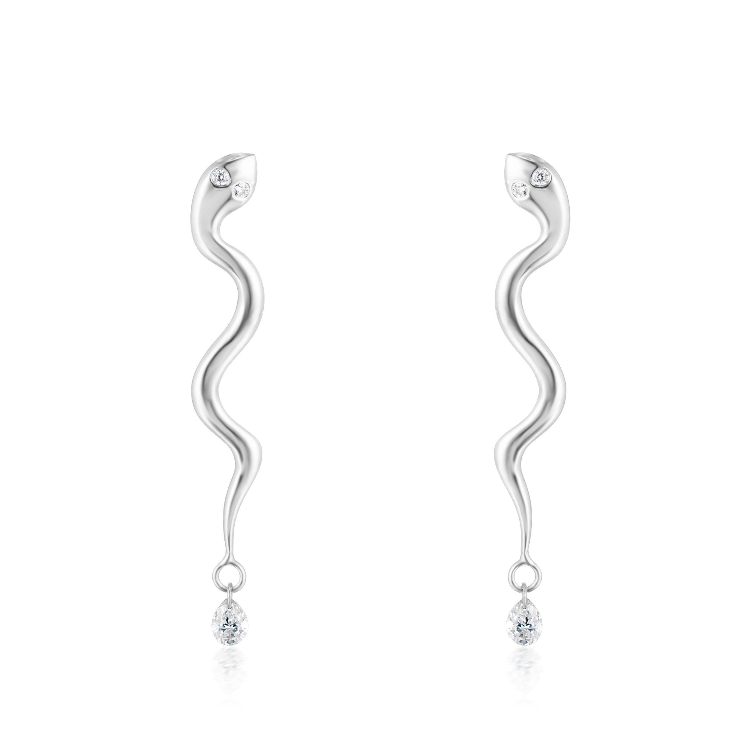 Alt="Vale Jewelry serpent Earrings with Diamond Drops in white gold on plain background"