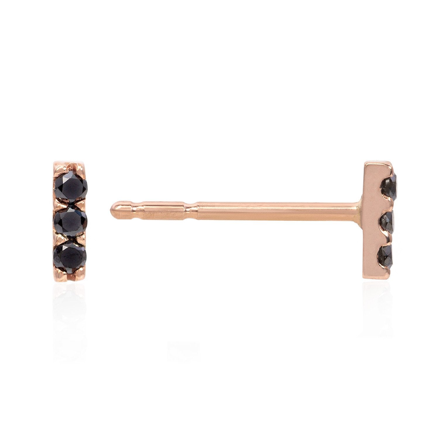 Vale Jewelry 3 Diamond Bar Earrings with Black Diamonds in 14 Karat Rose Gold Side View with Post