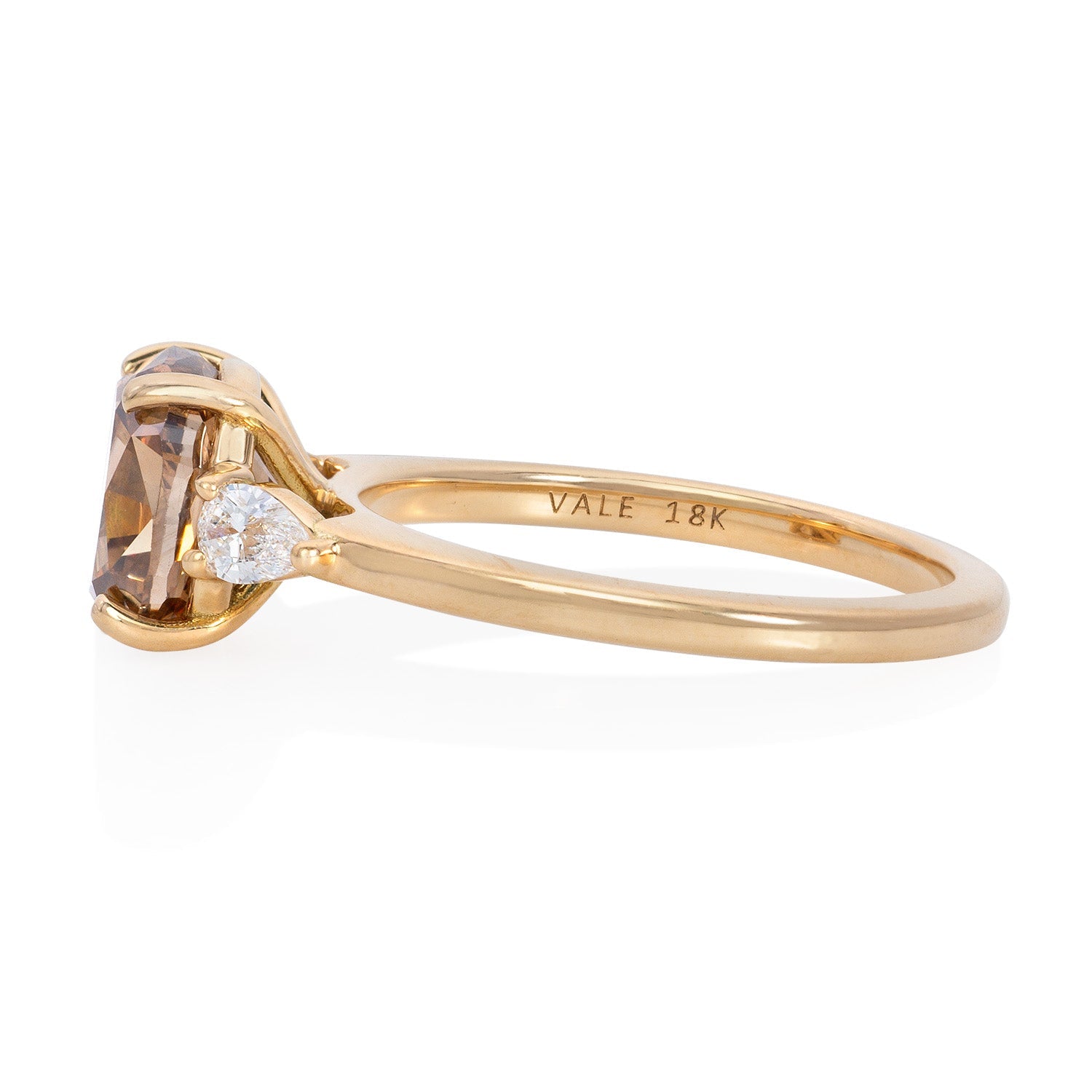 Vale Jewelry 3.09 Carat Fancy Orange-Brown Argyle Diamond Ring with Pear Shaped White Diamonds in 18 Karat Yellow Gold Side View