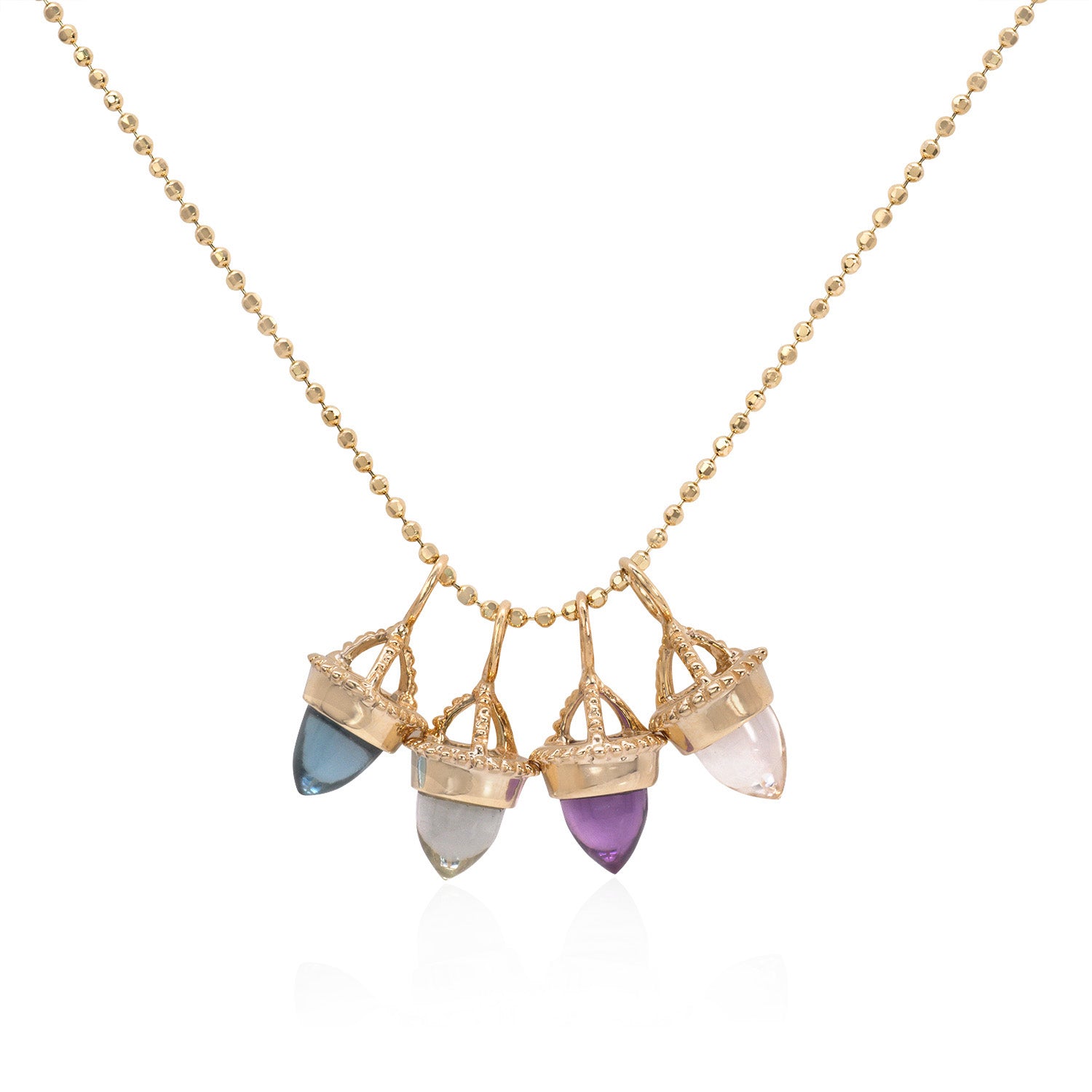 Vale Jewelry Amphora Amulets with Blue Topaz, Prasiolite, Amethyst and Clear Quartz on Faceted Bead Chain in 14 Karat Yellow Gold Close Up