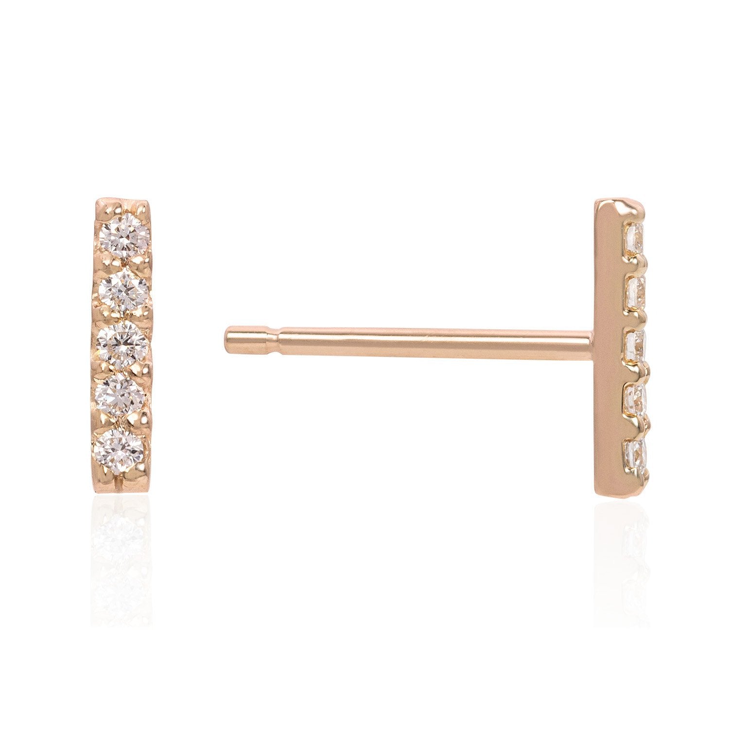 Vale Jewelry 5 Diamond Bar Earrings with White Diamonds in 14 Karat Rose Gold Side View with Post