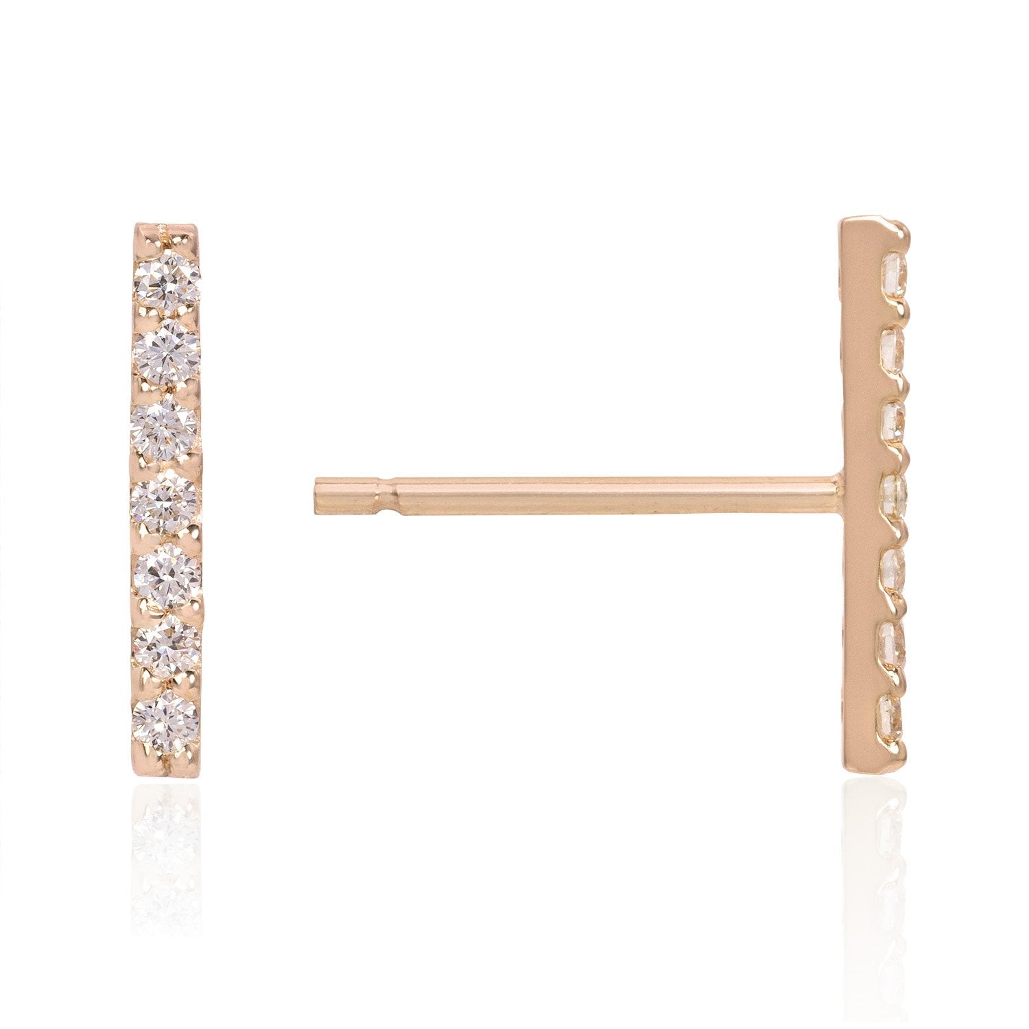 Vale Jewelry 7 Diamond Bar Earrings with White Diamonds in 14 Karat Rose Gold Side View with Post