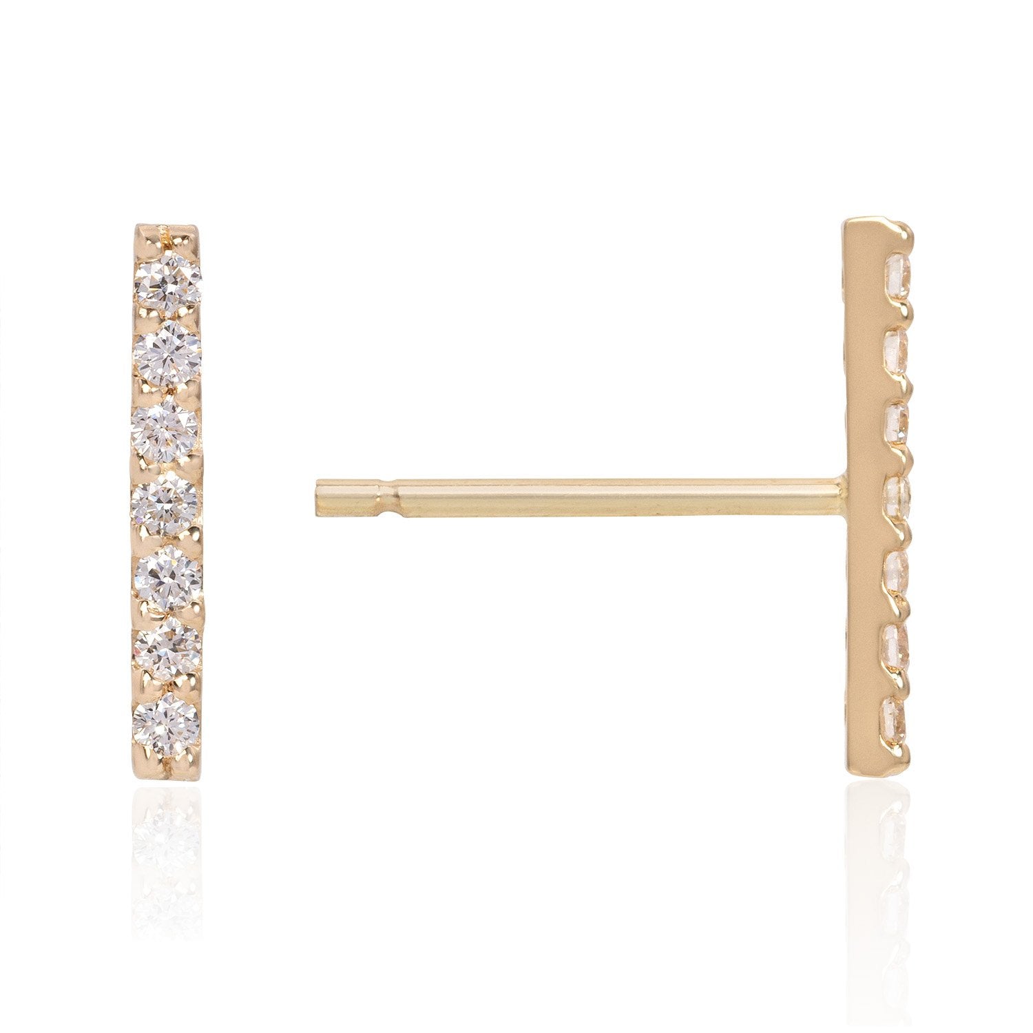 Vale Jewelry 7 Diamond Bar Earrings with White Diamonds in 14 Karat Yellow Gold Side View with Post