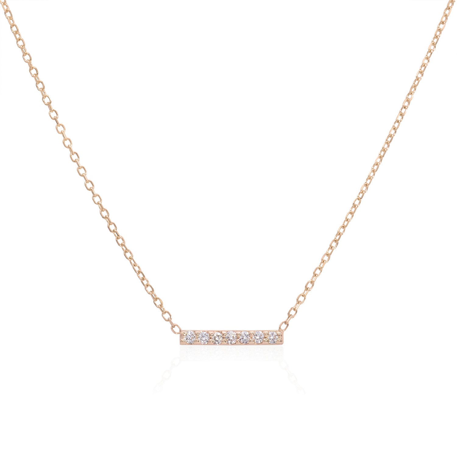 Vale Jewelry 7 Diamond Bar Necklace with White Diamonds on Diamond Cut Cable Chain in 14 Karat Rose Gold Close Up