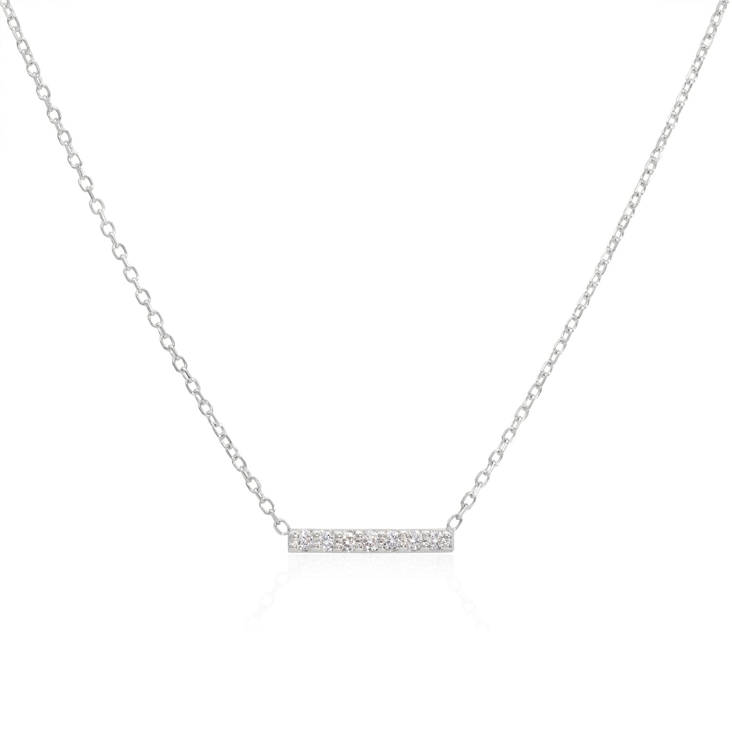 Vale Jewelry 7 Diamond Bar Necklace with White Diamonds on Diamond Cut Cable Chain in 14 Karat White Gold Close Up