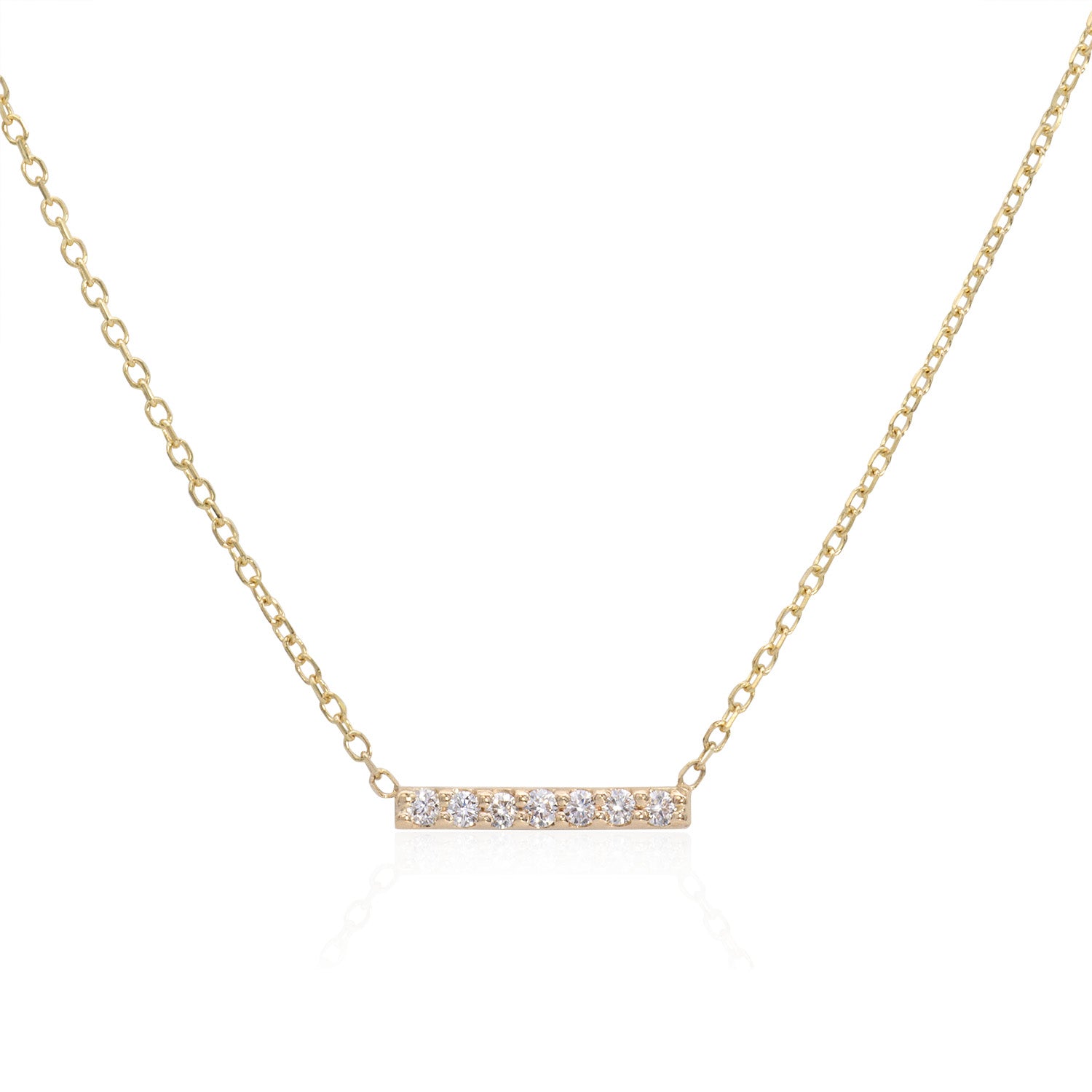 Vale Jewelry 7 Diamond Bar Necklace with White Diamonds on Diamond Cut Cable Chain in 14 Karat Yellow Gold Close Up