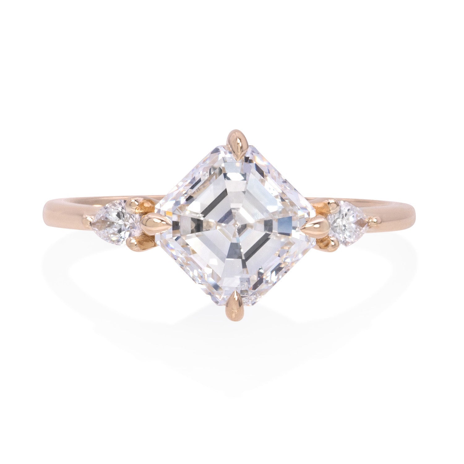 Vale Jewelry Alchemy Ring with Asscher Cut 2.00 Carat White Diamond Center with Pear Shaped White Diamond Accents in 18 Karat Rose Gold Front View
