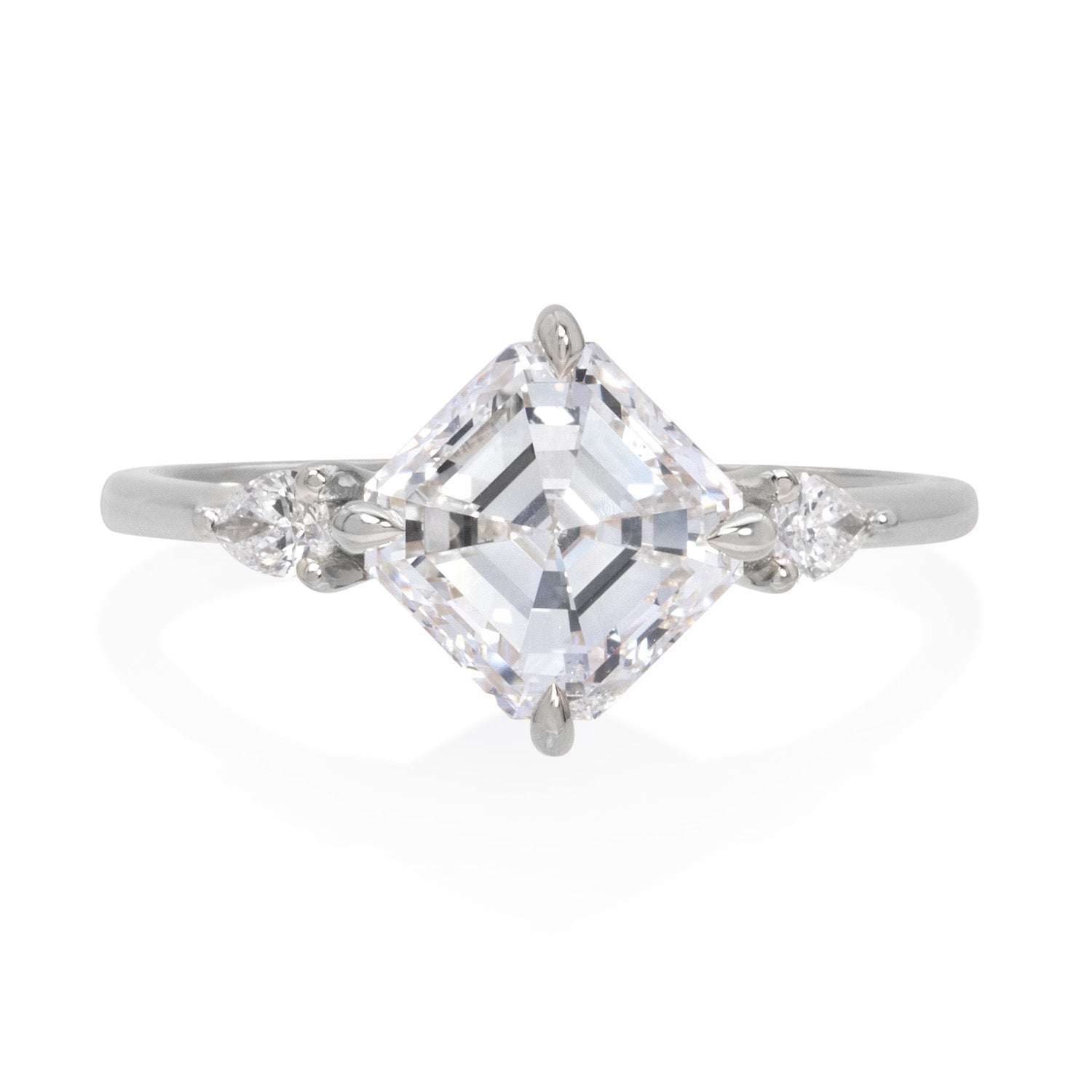 Vale Jewelry Alchemy Ring with Asscher Cut 2.00 Carat White Diamond Center with Pear Shaped White Diamond Accents in 18 Karat White Gold Front View