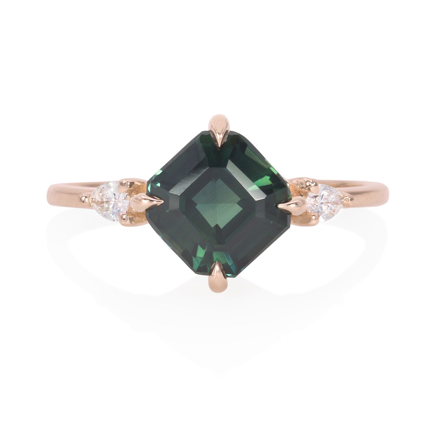 Vale Jewelry Alchemy Ring with Asscher Cut Sapphire and Pear Shaped White Diamonds in 14 Karat Rose Gold Front View