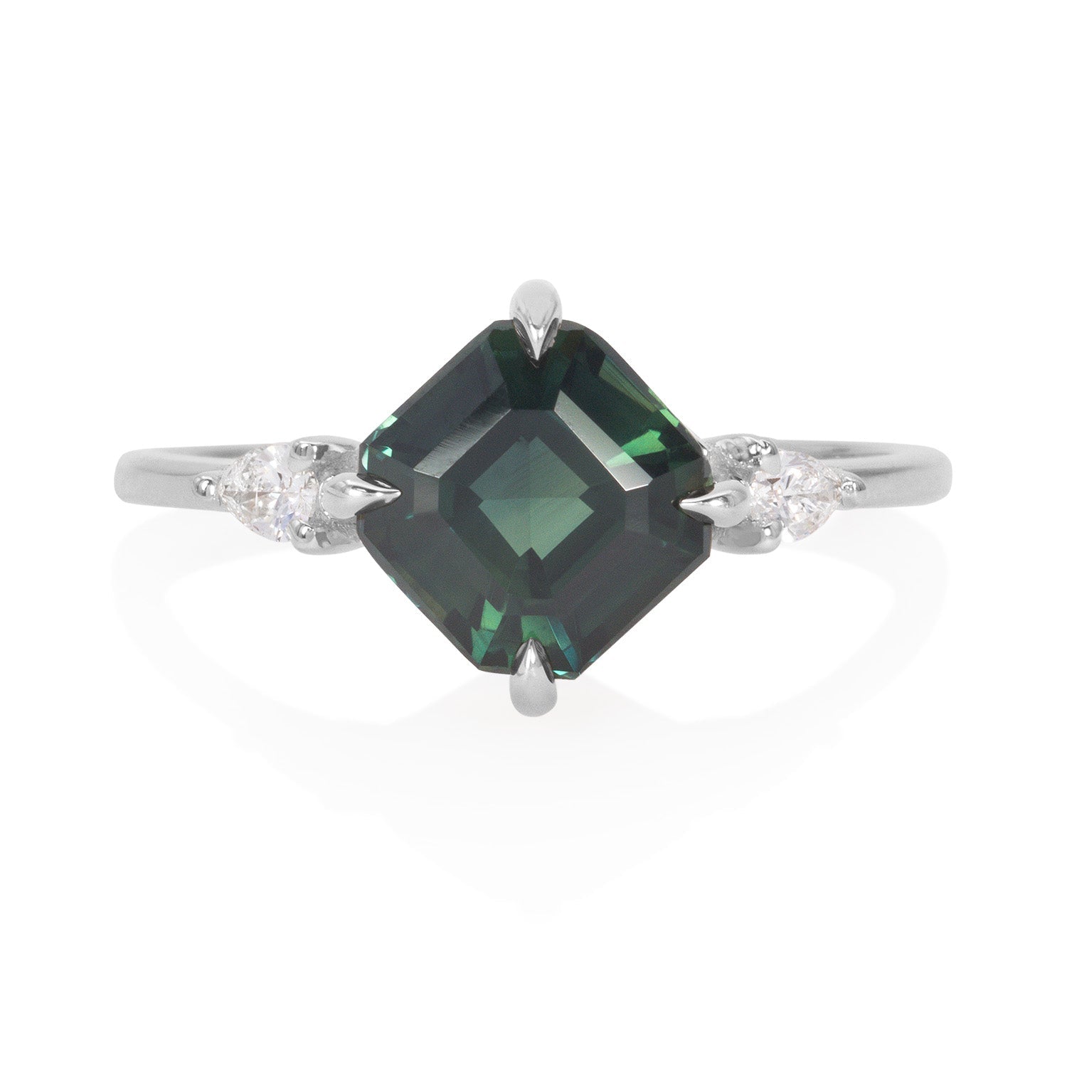Vale Jewelry Alchemy Ring with Asscher Cut Sapphire and Pear Shaped White Diamonds in 14 Karat White Gold Front View
