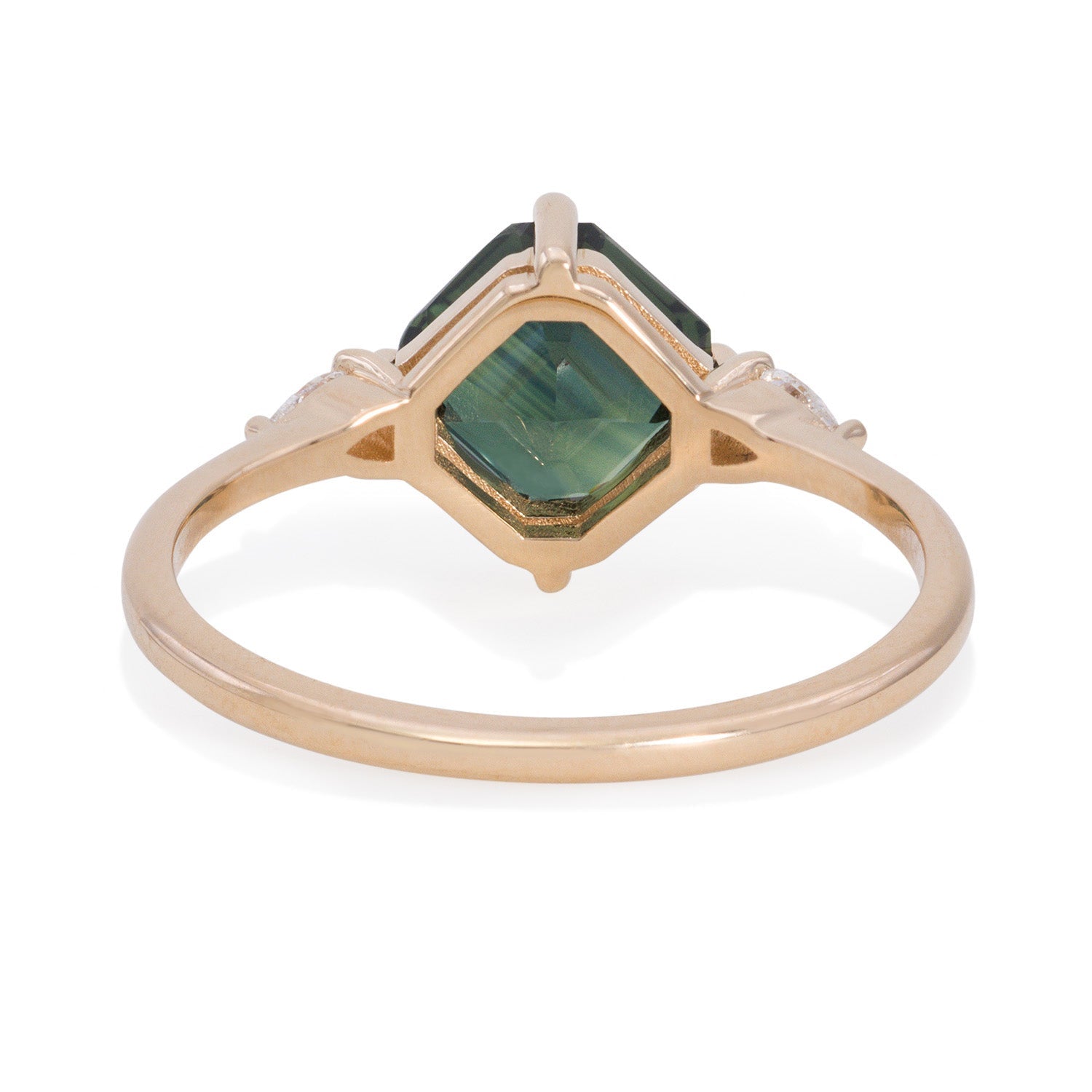 Vale Jewelry Alchemy Ring with Asscher Cut Sapphire and Pear Shaped White Diamonds in 14 Karat Yellow Gold Back View