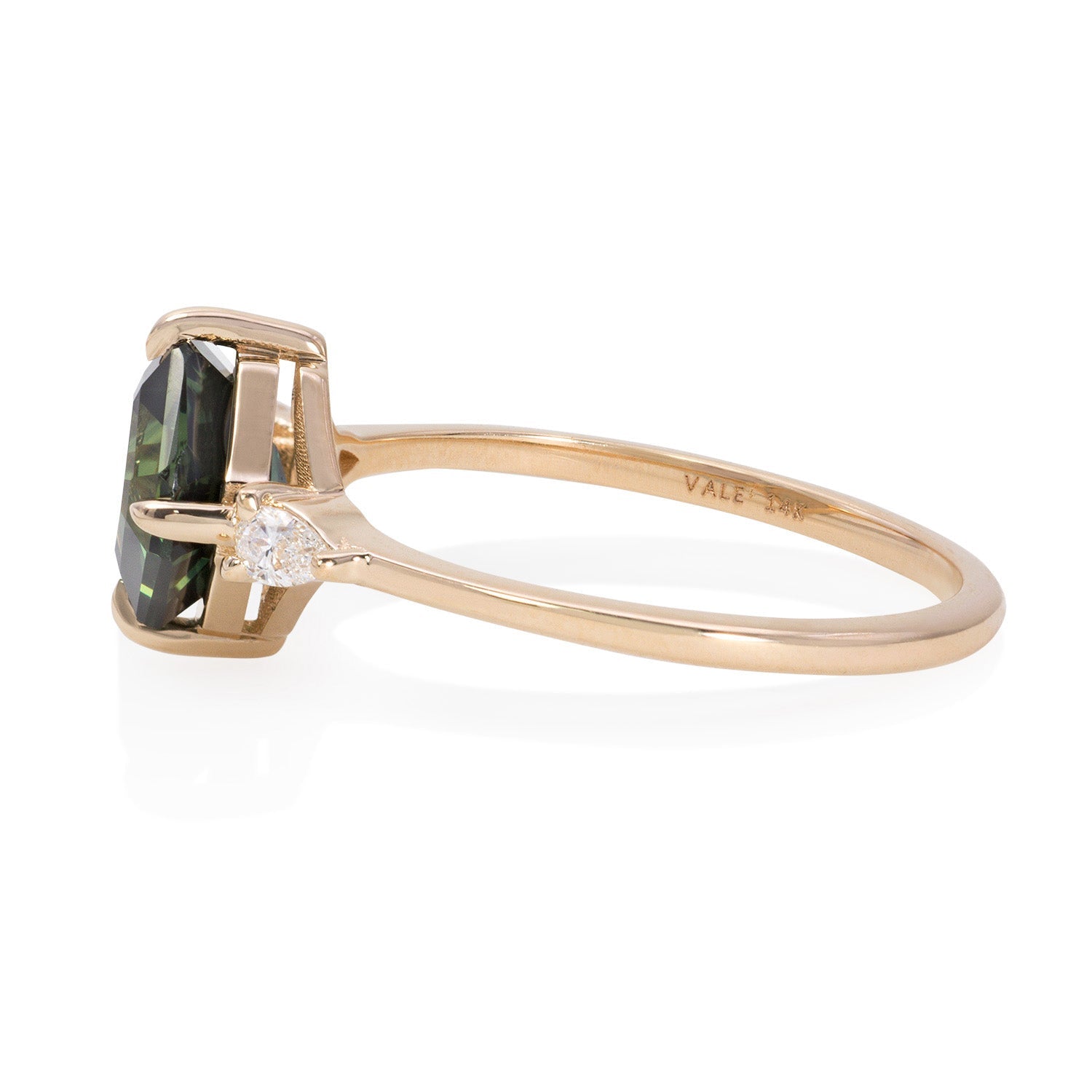 Vale Jewelry Alchemy Ring with Asscher Cut Sapphire and Pear Shaped White Diamonds in 14 Karat Yellow Gold Side View