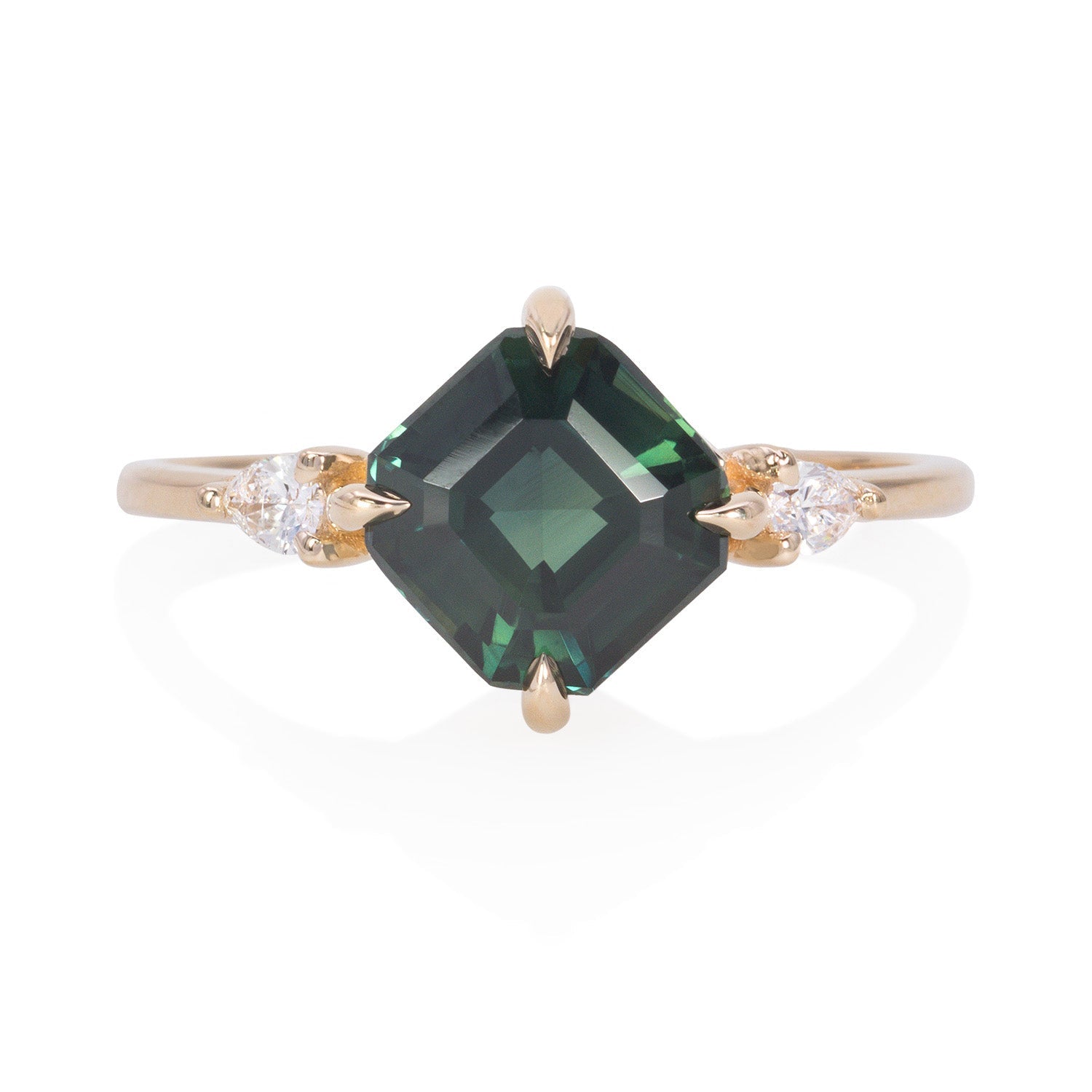 Vale Jewelry Alchemy Ring with Asscher Cut Sapphire and Pear Shaped White Diamonds in 14 Karat Yellow Gold Front View