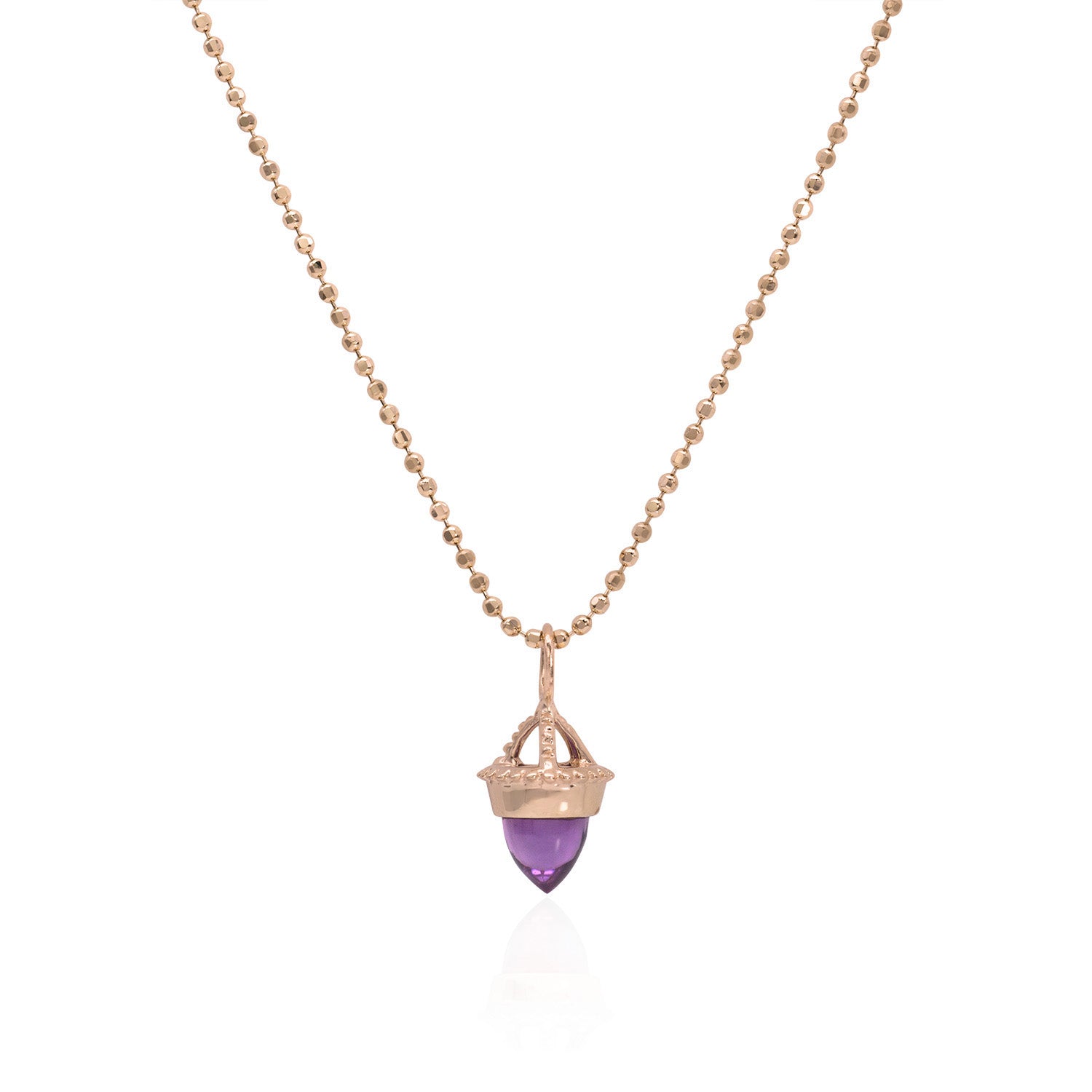 Vale Jewelry Amphora Amulet with Amethyst on Faceted Bead Chain in 14 Karat Rose Gold Close Up