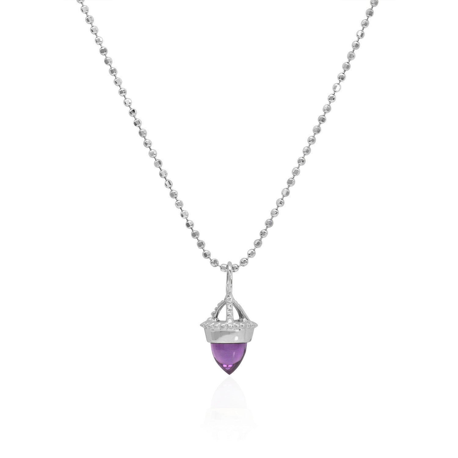 Vale Jewelry Amphora Amulet with Amethyst on Faceted Bead Chain in 14 Karat White Gold Close Up