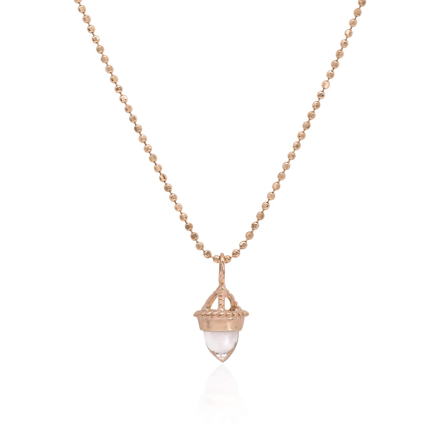 Vale Jewelry Amphora Amulet with Clear Quartz on Faceted Bead Chain in 14 Karat Rose Gold Close Up