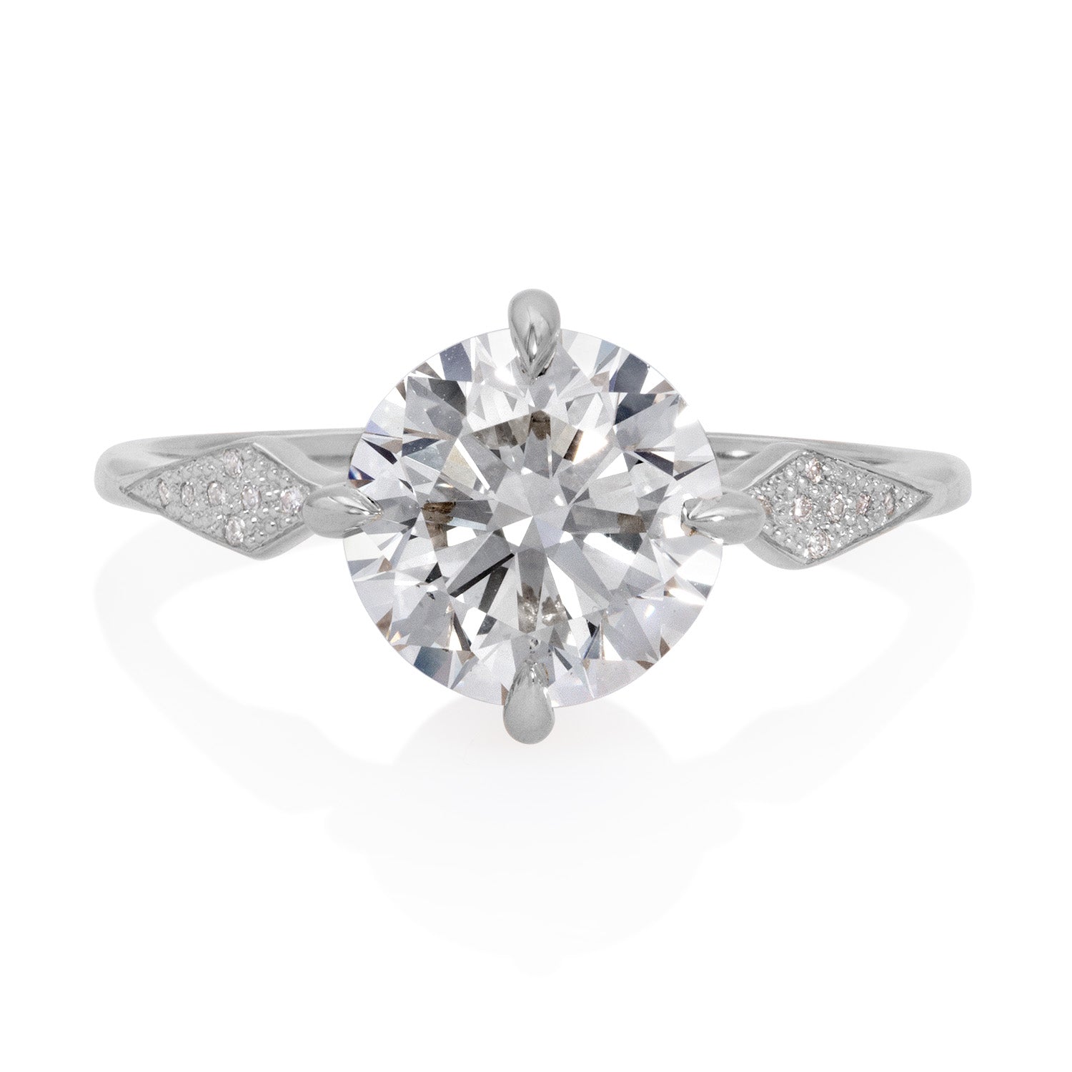 Vale Jewelry Annika Ring with 2.00 Carat Round Brilliant Cut White Diamond and White Diamond Pavé in 14 Karat White Gold Front View