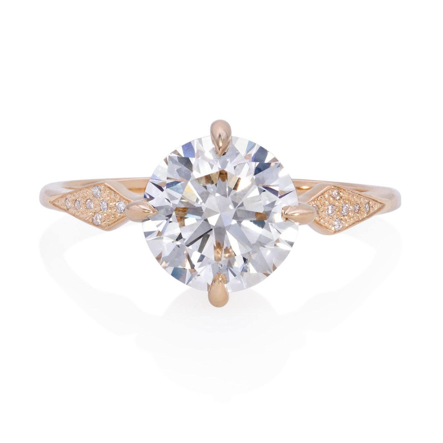 Vale Jewelry Annika Ring with 2.00 Carat Round Brilliant Cut White Diamond and White Diamond Pavé in 14 Karat Yellow Gold Front View