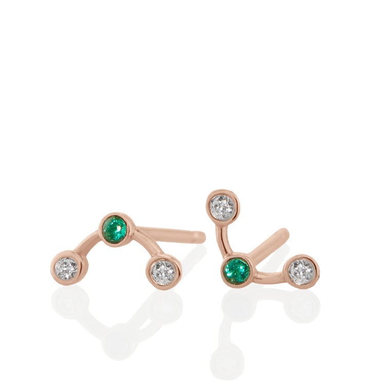 Vale Jewelry Arc Earrings with Round Brilliant Cut White Diamonds and Emerald in 14 Karat Rose Gold Front View