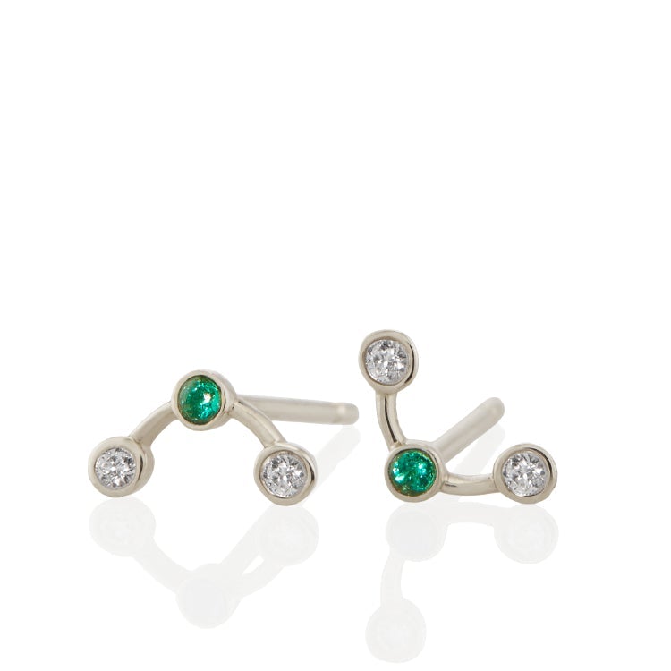 Vale Jewelry Arc Earrings with Round Brilliant Cut White Diamonds and Emerald in 14 Karat White Gold Front View