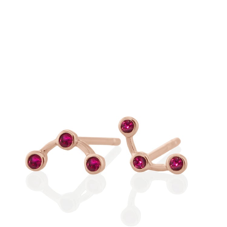 Vale Jewelry Arc Earrings with 3 Round Rubies in 14 Karat Rose Gold Front View