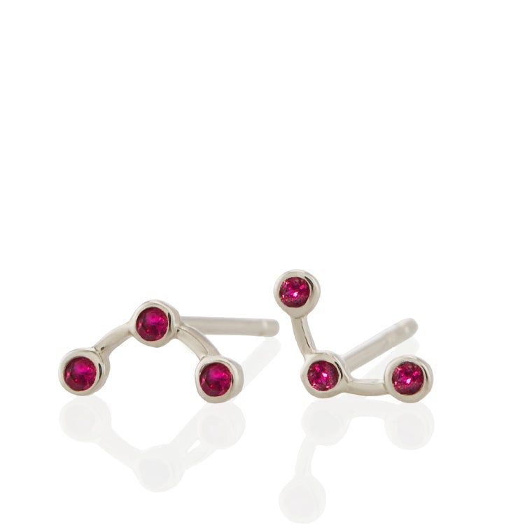 Vale Jewelry Arc Earrings with 3 Round Rubies in 14 Karat White Gold Front View