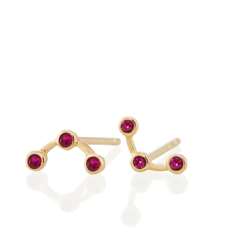Vale Jewelry Arc Earrings with 3 Round Rubies in 14 Karat Yellow Gold Front View