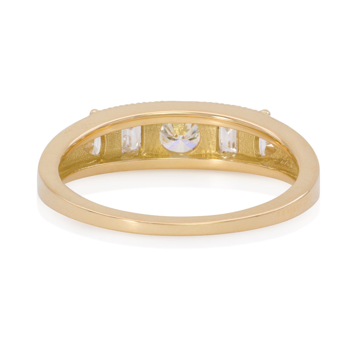 Vale Jewelry Balance 5 Stone Ring with Round, Baguette and Trillion Cut White Diamonds in 14 Karat Yellow Gold Back View
