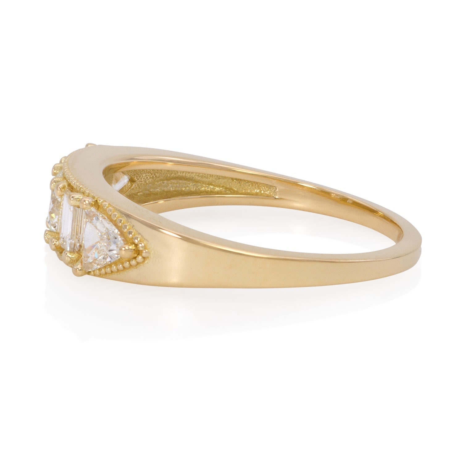 Vale Jewelry Balance 5 Stone Ring with Round, Baguette and Trillion Cut White Diamonds in 14 Karat Yellow Gold Side View