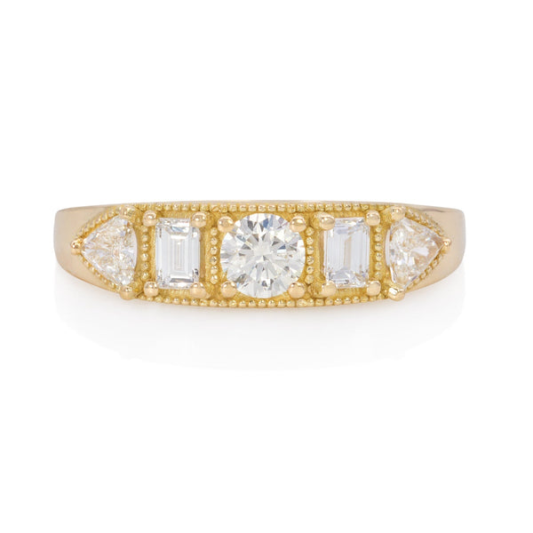 Vale Jewelry Balance 5 Stone Ring with Round, Baguette and Trillion Cut White Diamonds in 14 Karat Yellow Gold Front View