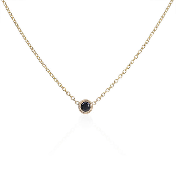 Vale Jewelry Barely-There Black Diamond Necklace Bezel Set on Diamond Cut Cable Chain in 14 Karat Yellow Gold Close Up
