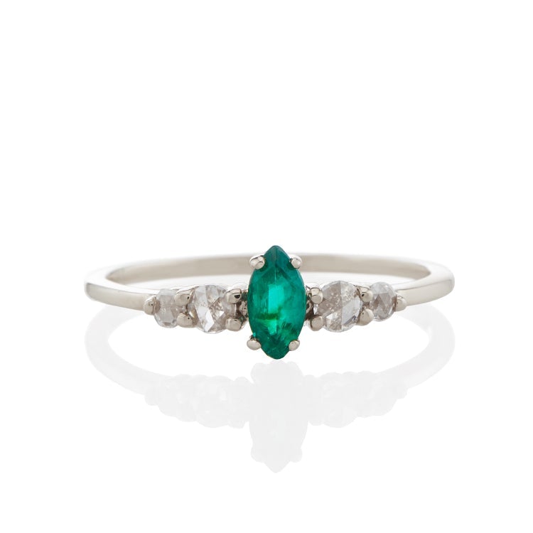 Vale Jewelry Bellatrix Marquise Emerald Ring with White Rose Cut Diamonds in 14 Karat White Gold Front View