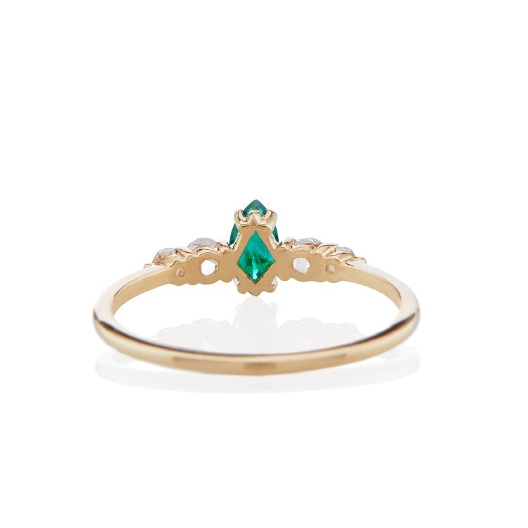 Vale Jewelry Bellatrix Marquise Emerald Ring with White Rose Cut Diamonds in 14 Karat Yellow Gold Back View