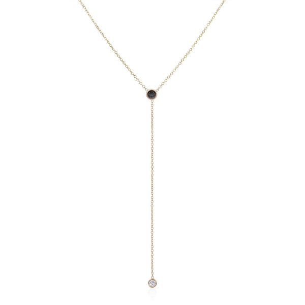 Vale Jewelry Black and White Diamond Y Necklace on Diamond Cut Cable Chain in 14 Karat Yellow Gold Close Up