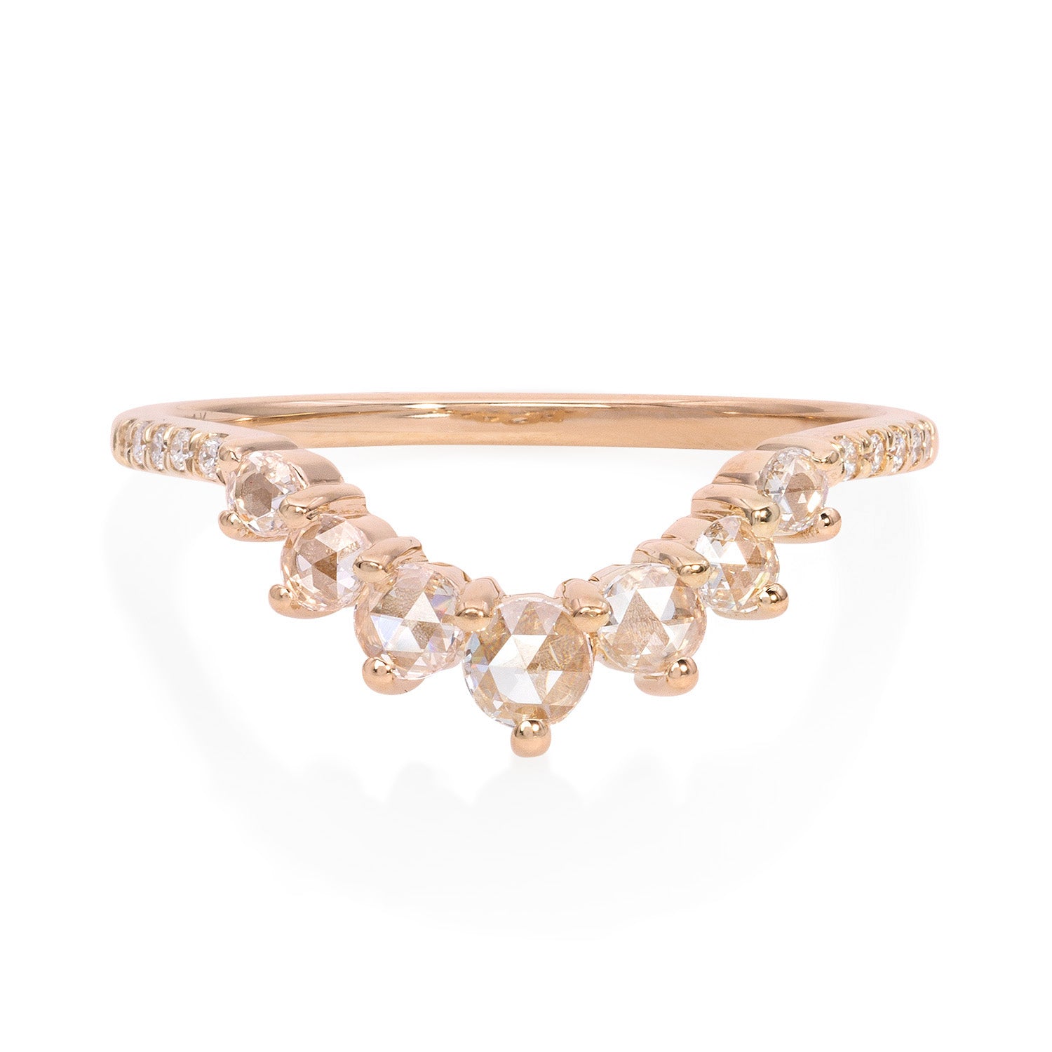 Vale Jewelry Camille Ring with White Rose Cut Diamonds and White Diamond Pave Accents in 14 Karat Rose Gold Front View