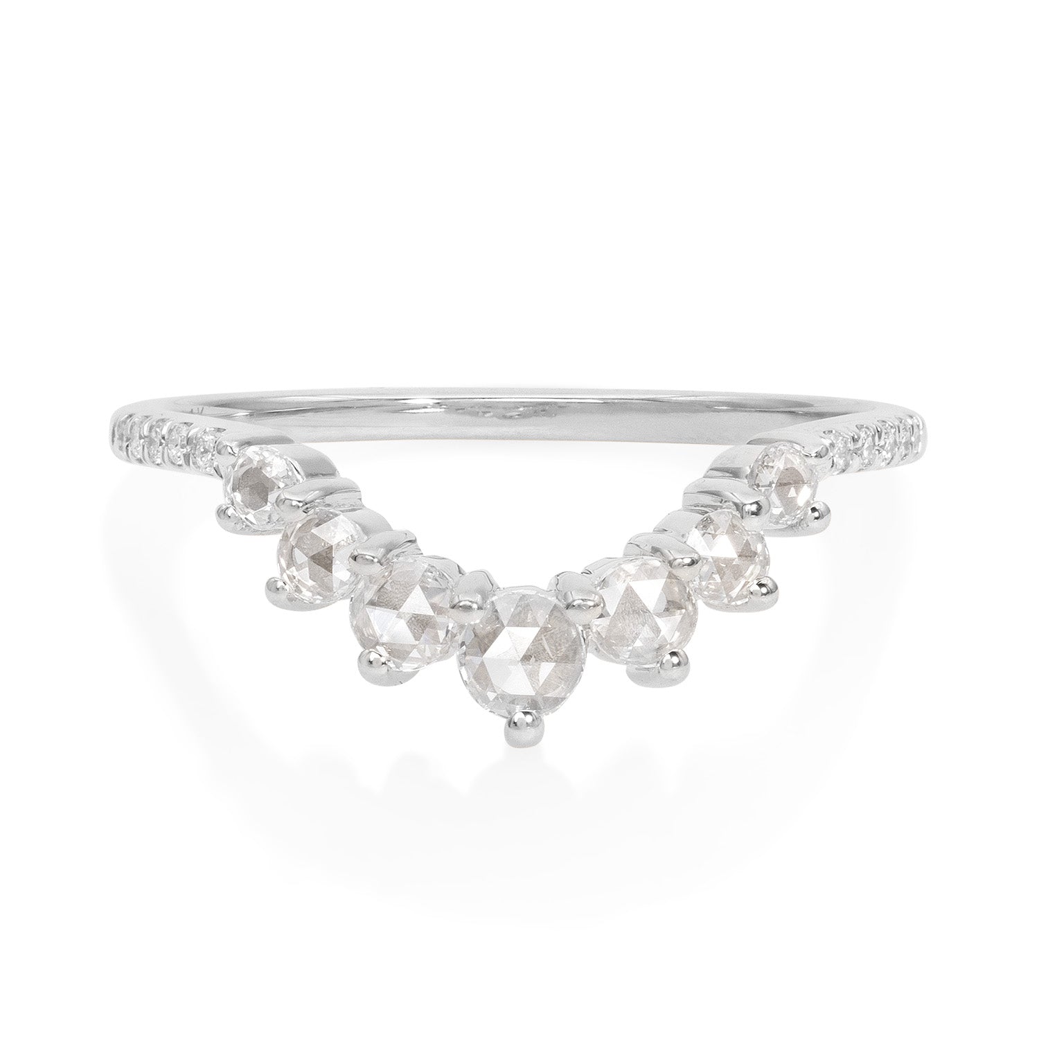 Vale Jewelry Camille Ring with White Rose Cut Diamonds and White Diamond Pave Accents in 14 Karat White Gold Front View