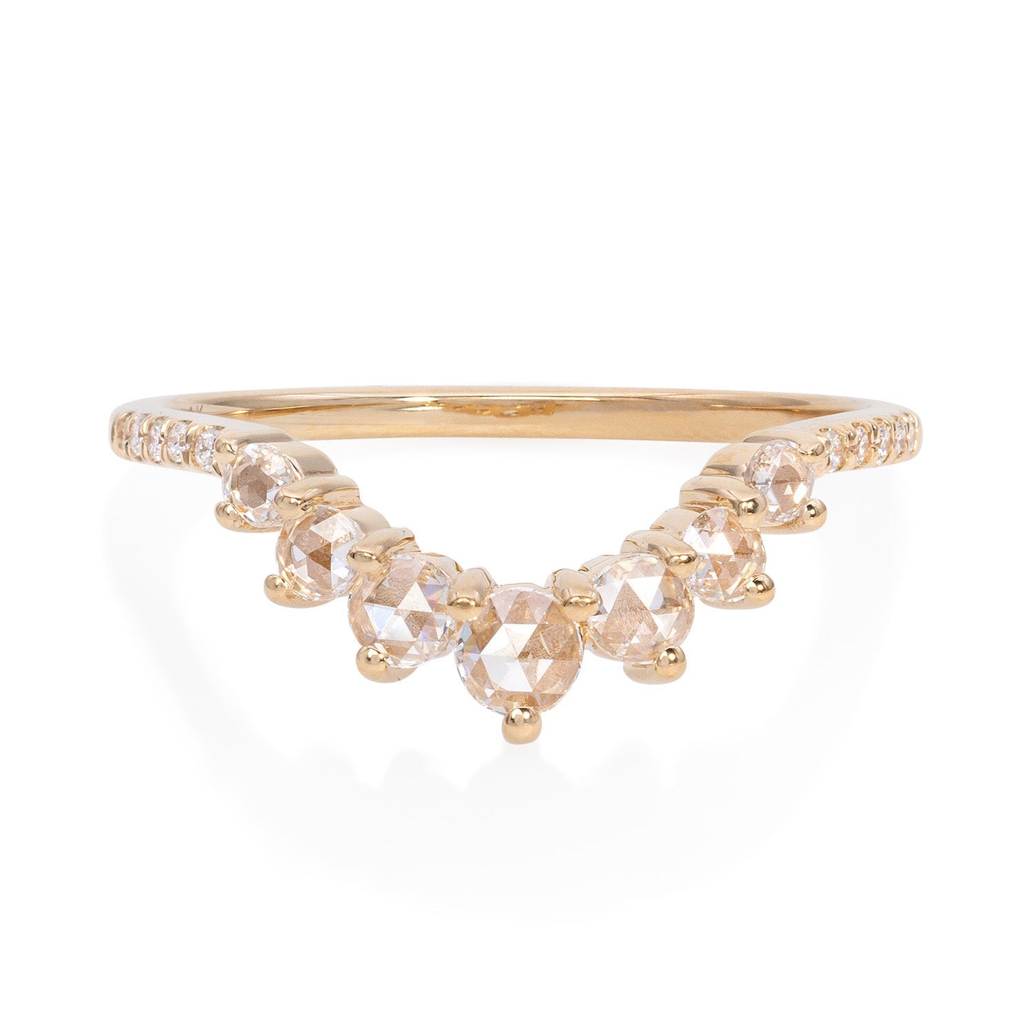 Vale Jewelry Camille Ring with White Rose Cut Diamonds and White Diamond Pave Accents in 14 Karat Yellow Gold Front View