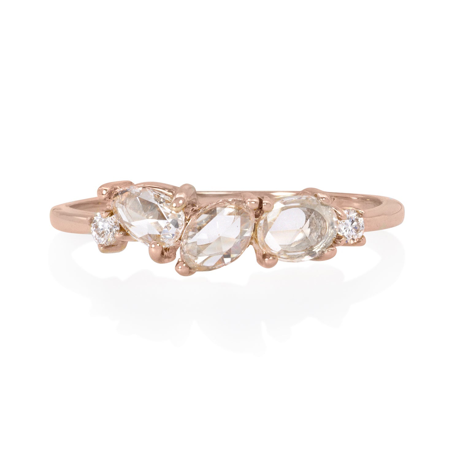 Vale Jewelry Cosmos Ring with Rose Cut White Diamonds and Round Brilliant White Diamond Accents in 14 Karat Rose Gold Front View