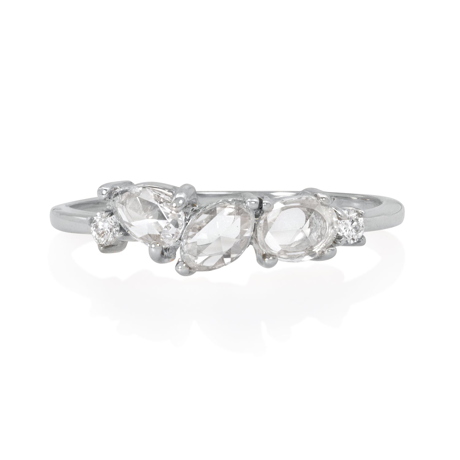 Vale Jewelry Cosmos Ring with Rose Cut White Diamonds and Round Brilliant White Diamond Accents in 14 Karat White Gold Front View