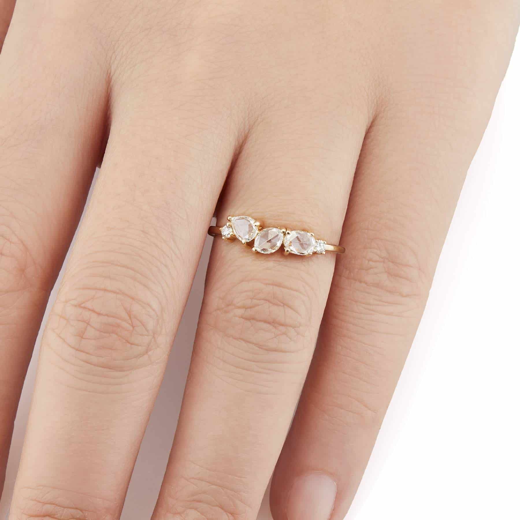 Vale Jewelry Cosmos Ring with Rose Cut White Diamonds and Round Brilliant White Diamond Accents in 14 Karat Yellow Gold Hand View