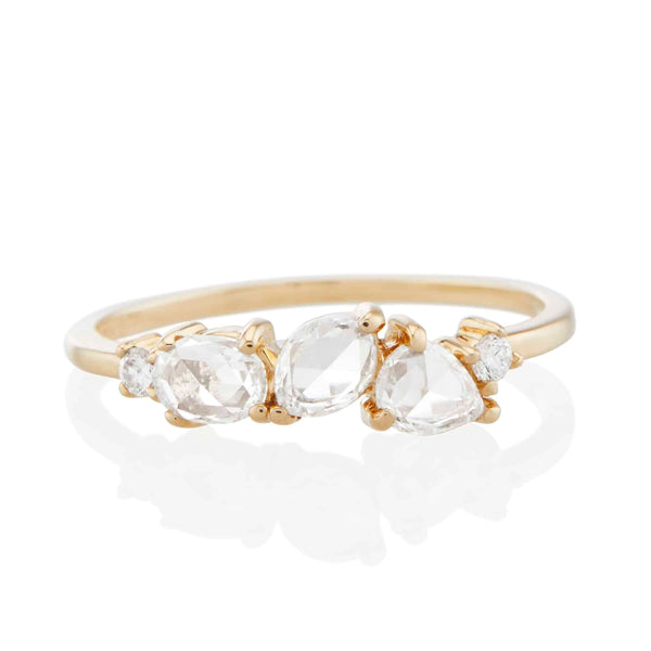 Vale Jewelry Cosmos Ring with Rose Cut White Diamonds and Round Brilliant White Diamond Accents in 14 Karat Yellow Gold Front View