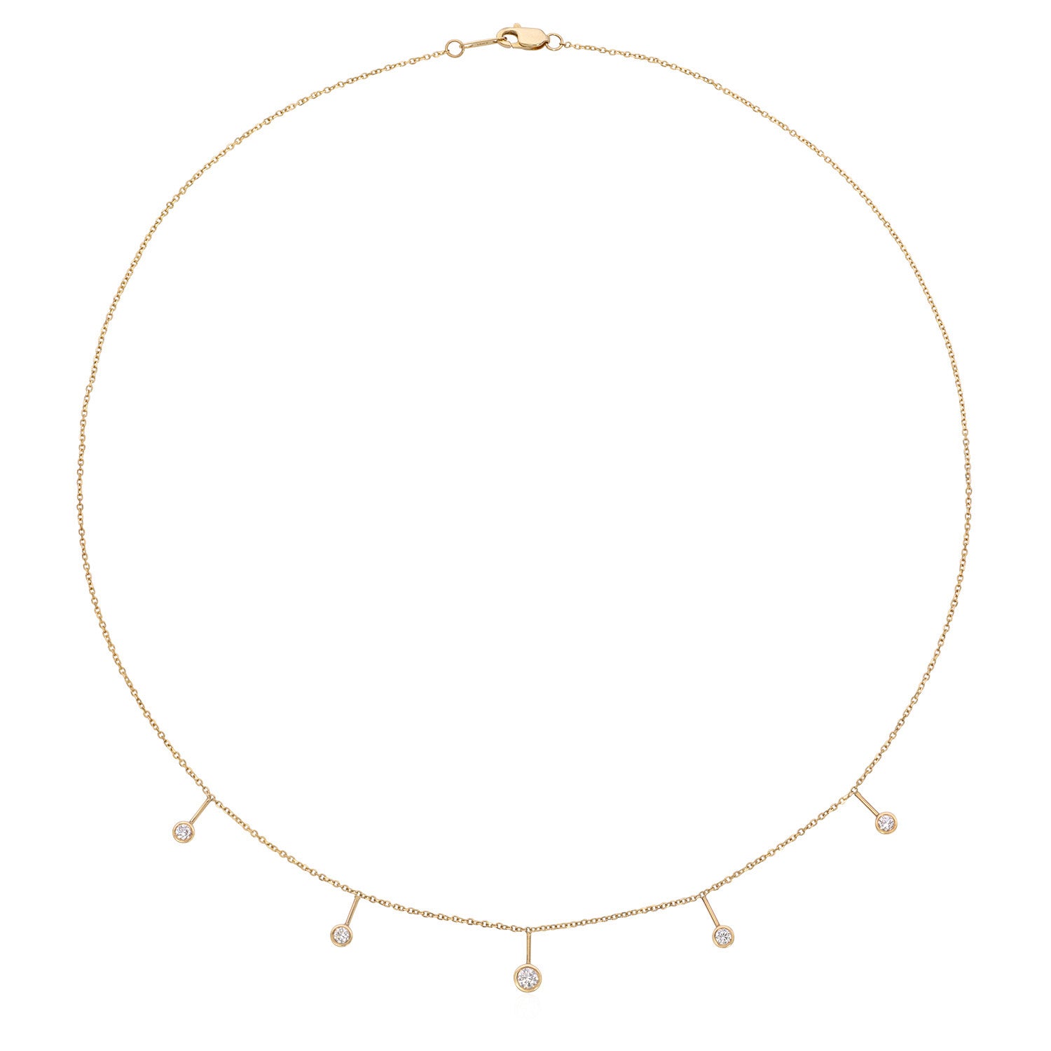 Vale Jewelry Dew Necklace with Bezel Set White Diamonds on Diamond Cut Cable Chain in 14 Karat Yellow Gold Full View