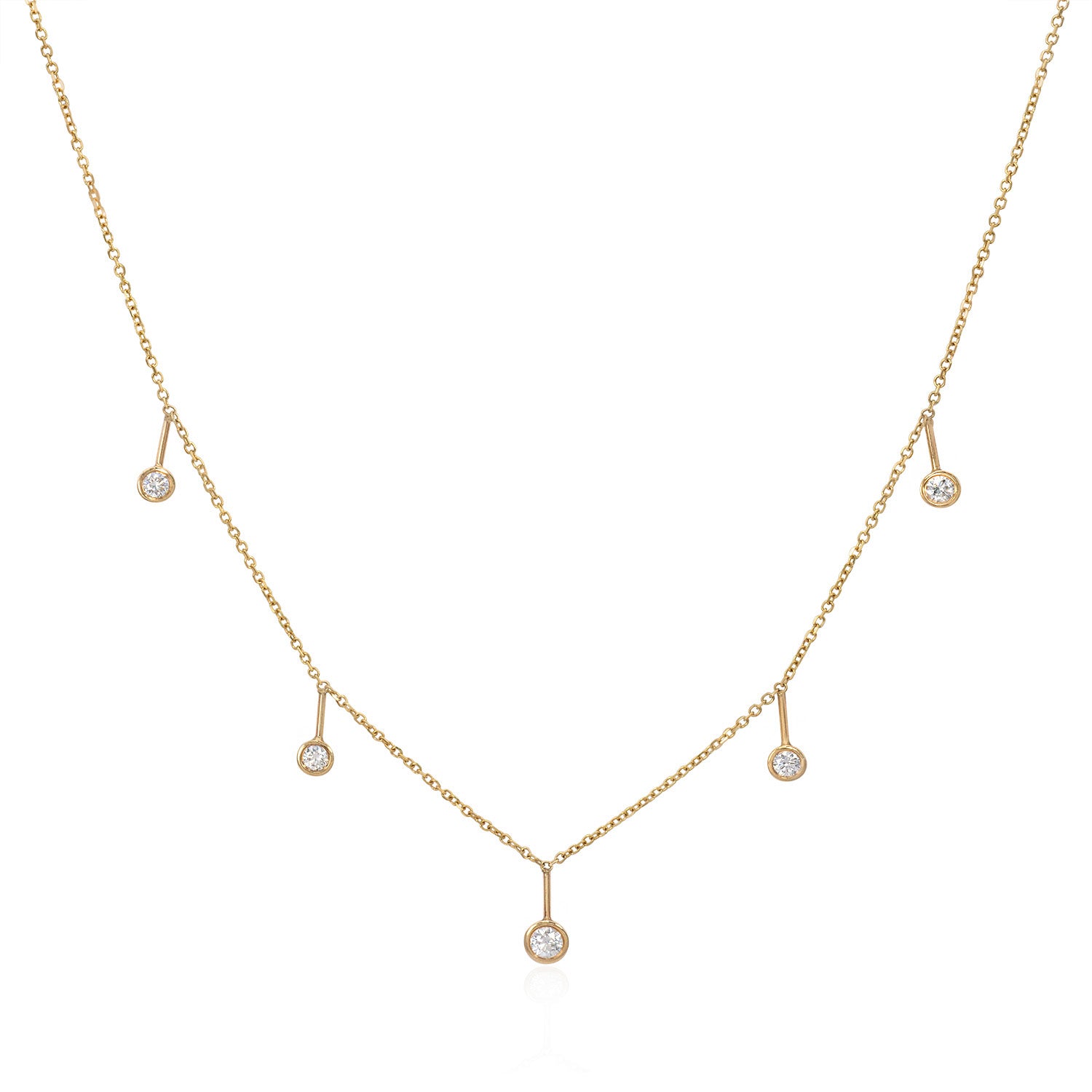 Vale Jewelry Dew Necklace with Bezel Set White Diamonds on Diamond Cut Cable Chain in 14 Karat Yellow Gold Close Up