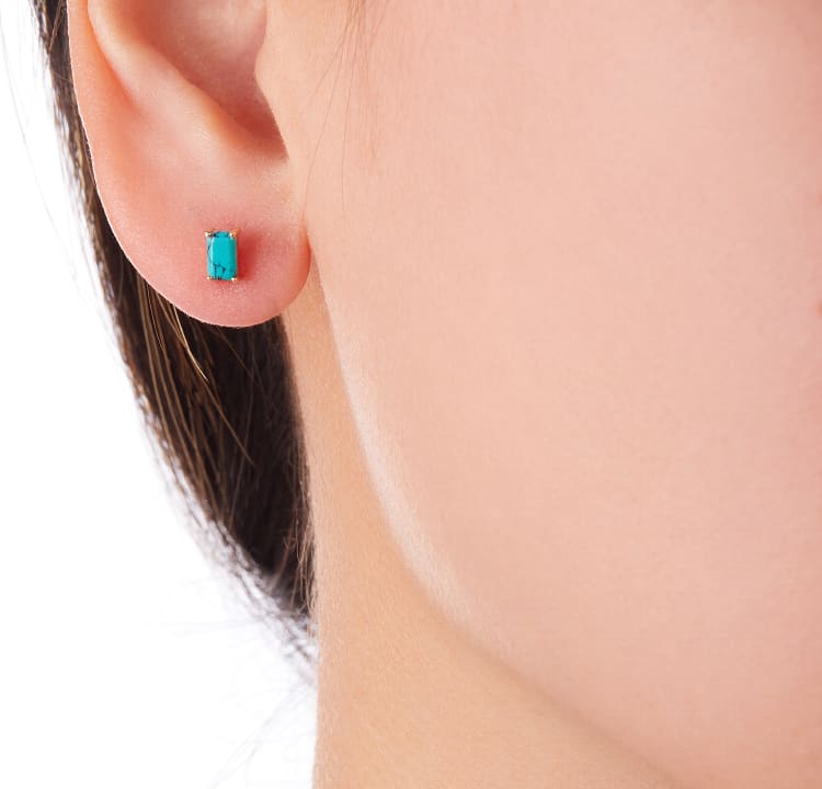 Vale Jewelry Dex Earrings with Emerald Cut Turquoise in 14 Karat Yellow Gold Ear View